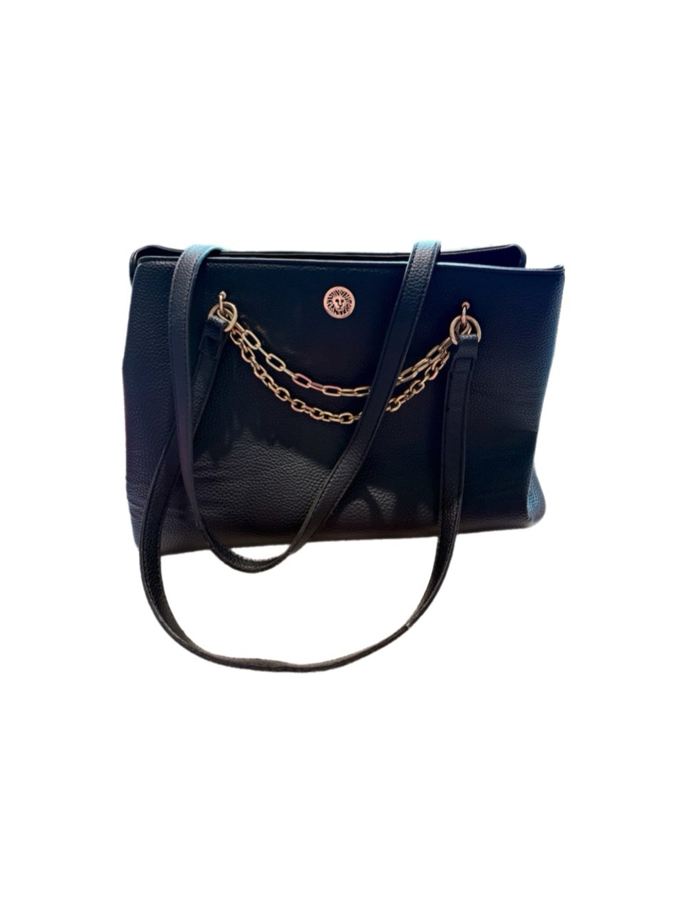 Anne Klein Black Pebbled Faux Leather Tote Shoulder Bag Gold Chain Accent